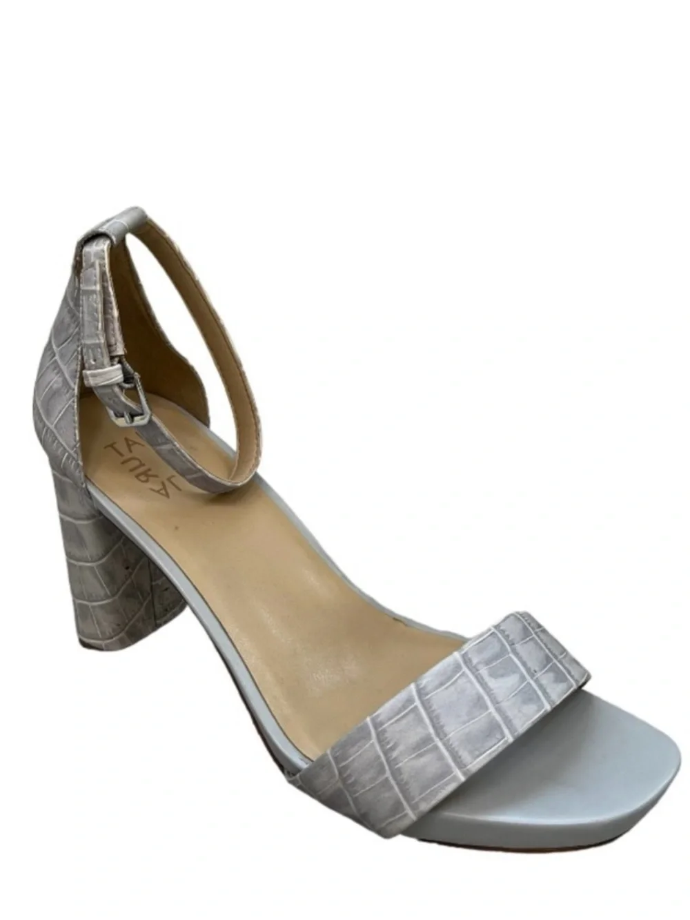 Naturalizer Joy Icy Gray Croc Embossed Leather Ankle Strap Block Heels Size 9.5W